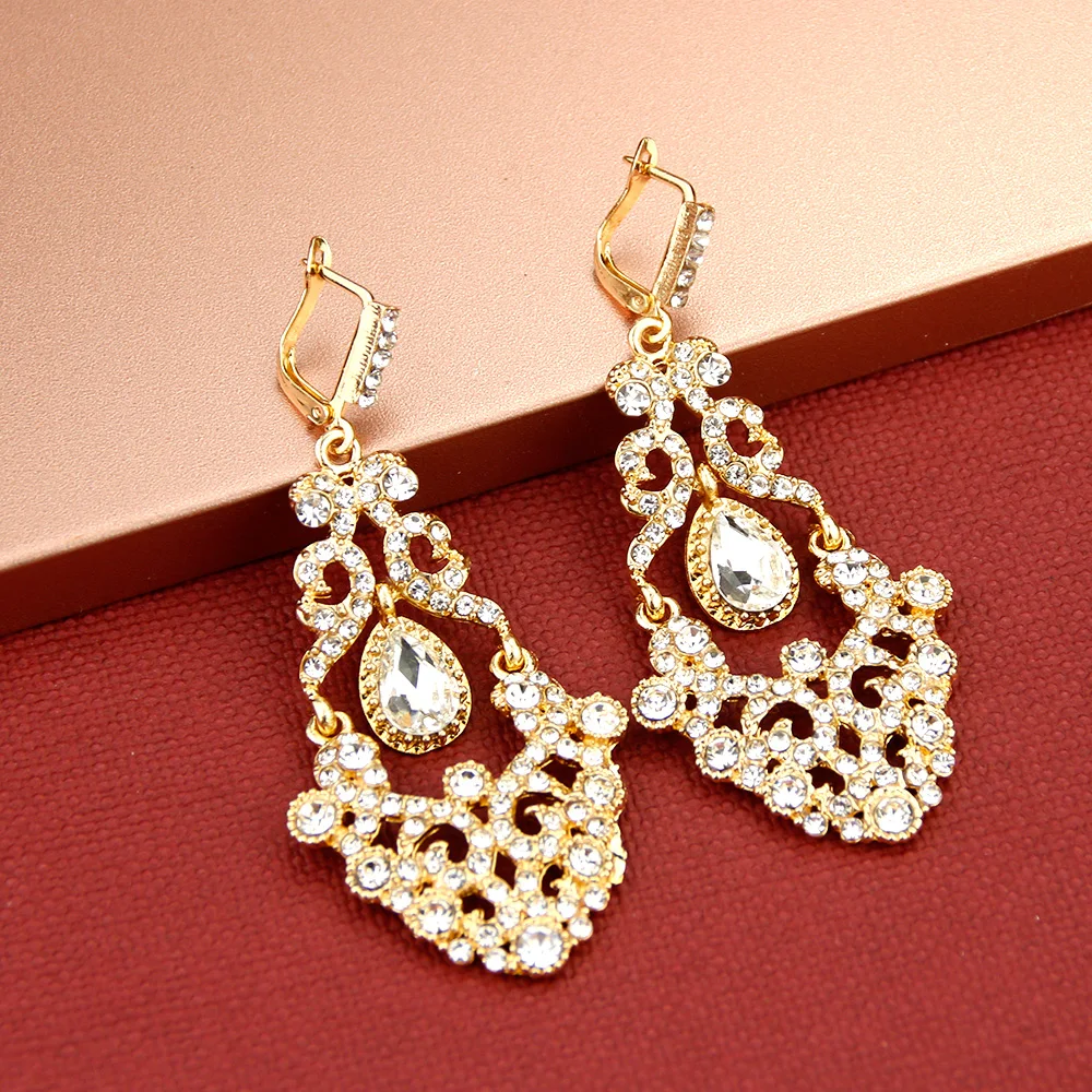 Sunspicems Gold Color Moroccan Crystal Drop Earrings For Women Ethnic Turkish Bride Wedding Jewerly Arabic Dubai Bijoux