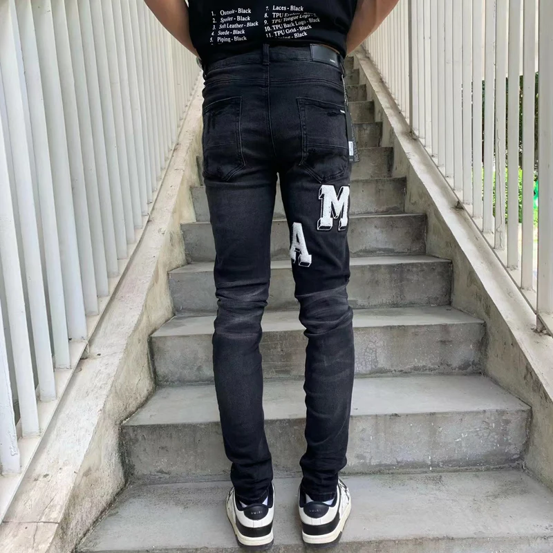 Designer High Street Fashion Men's Retro Black Jeans Stretch Slimming Ripple Jeans Men's Hip Hop Brand Pants Hombre