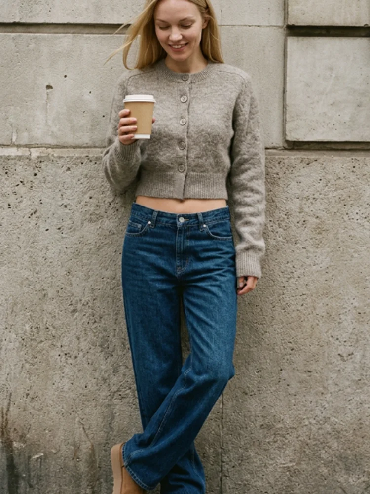 Grey Round Neck Button Down Cropped Knit Cardigan Long Sleeve Solid Color Women Short Sweater 2026 Fall Winter Warm Streetwear