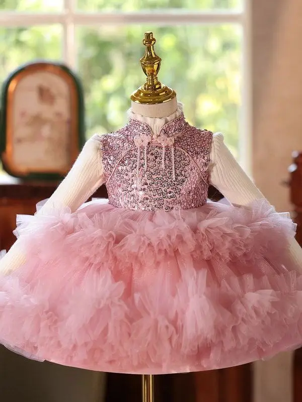 

Sweet Princess Style Poodle Skirt Dress for Girls Birthday Party Celebration Glitter Polyester Fabric Autumn Winter Collection