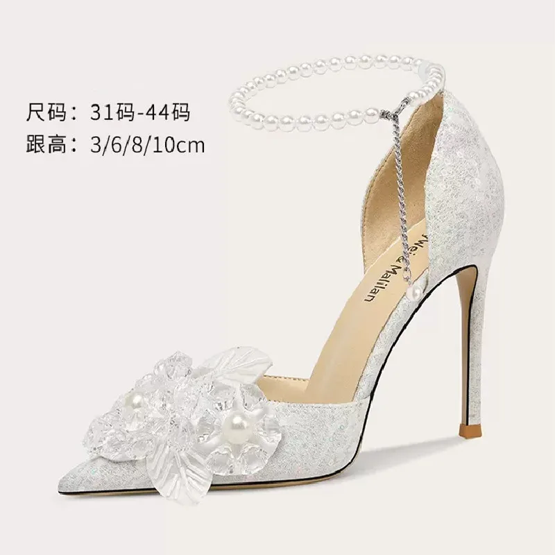 

Spring and Summer New Pearl Pearl Flower Versatile Wedding Shoes Thin High Heel Banquet Dress Large and Small Women's Sandals
