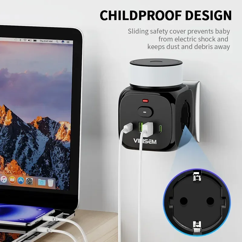 European Standard Multifunctional  Socket Converter Usb+Type-C Household Socket Converter With Night Lamp Ac100-250v