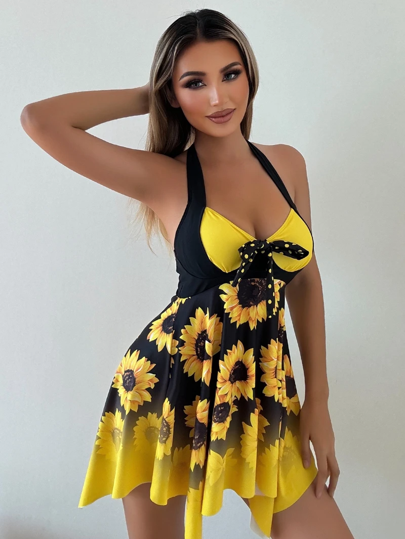 Two Pieces Set Sunflower Print Tankini Set Swim Dress with Ruffled Bow High-Waisted Bottoms Women's Swimwear Beachsuit