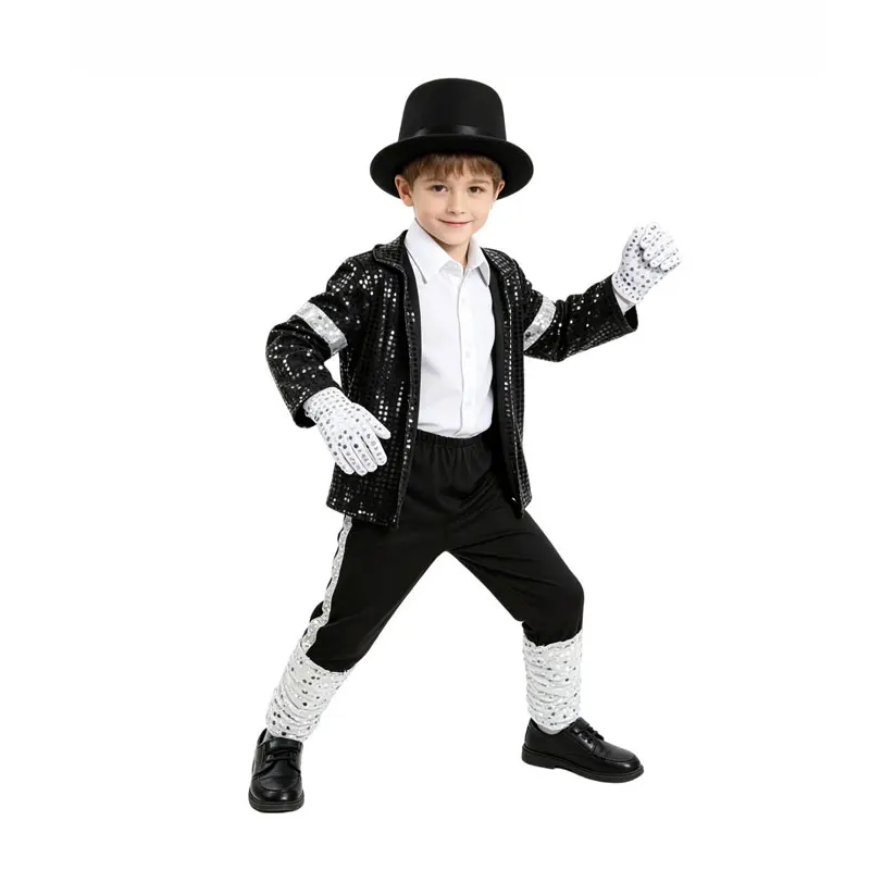 Kinder Jungen Michael Jackson Cosplay Kostüm Pailletten Sänger Bühnenauftritt Outfit Halloween Karneval Party Tanz Verkleidungsanzug – Detail 5