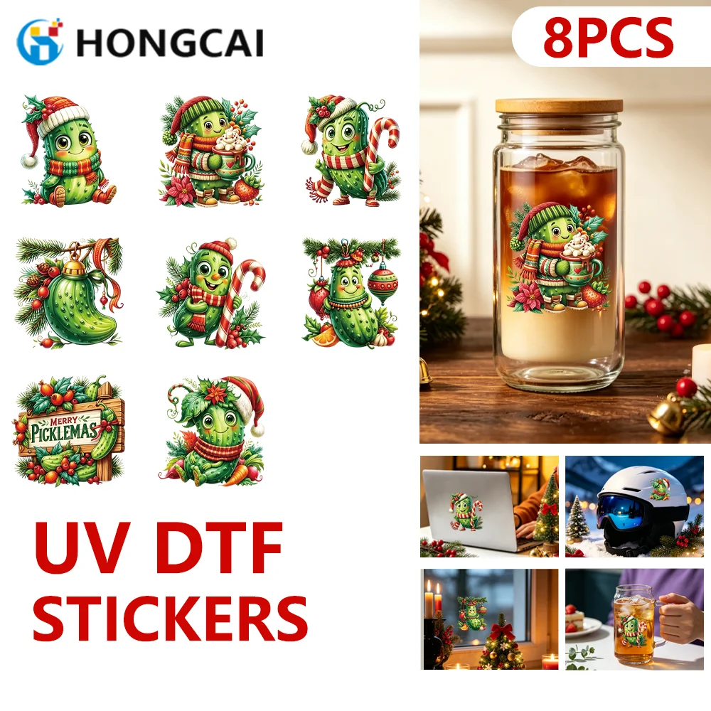 Cute Pickle UV DTF Transfer Stickers, 8 Unique Styles, Long-Lasting Vibrant Decals for Water Bottle, Window & Phone Case