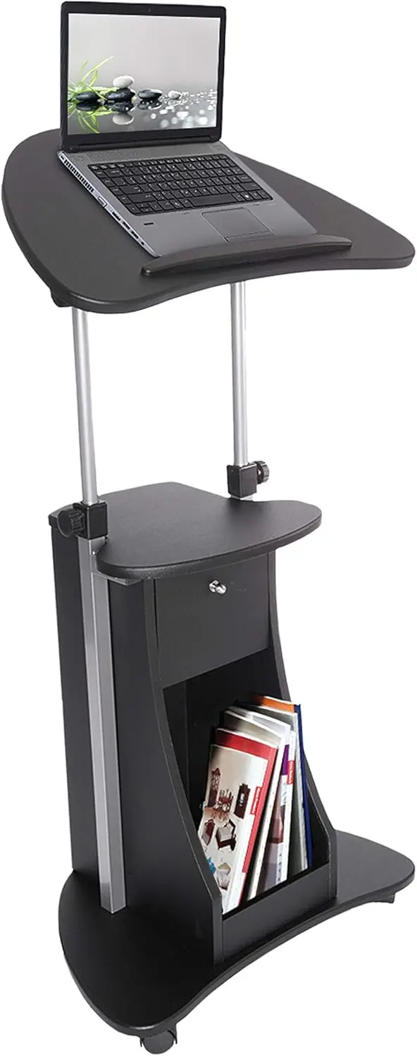 

Adjustable Height Mobile Laptop Cart with Locking Casters and Storage, Black