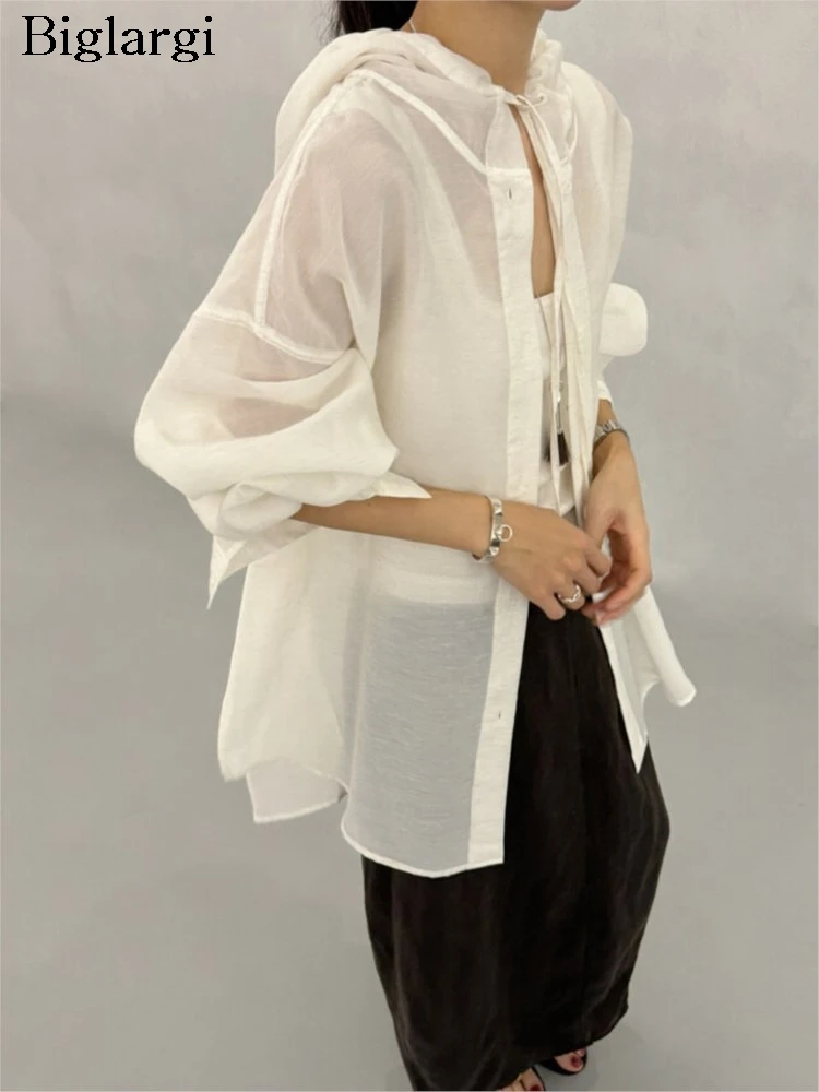 

Spring Autumn Hooded Shirts Women Long Sleeve Mesh See Through Fashion Ladies Blouses Casual Loose Korean Style Woman Shirt
