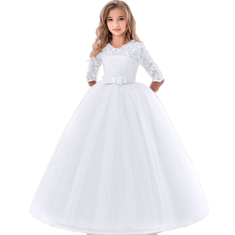 Formal Cake Lace White Bridesmaid Dress for Girl Long Sleeve Wedding Party Princess Dress Pageant Gown Children Costume 14 Years