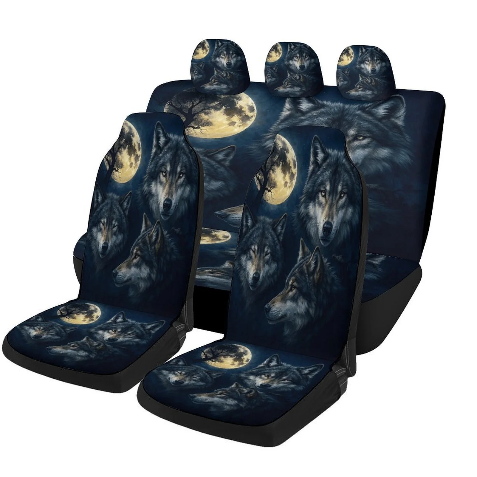 Wolves Moon Night Designed Car Seat Cover Set For Most Cars, Trendy Novelty High-quality Car Seat Protector Covers Full Set, Uni