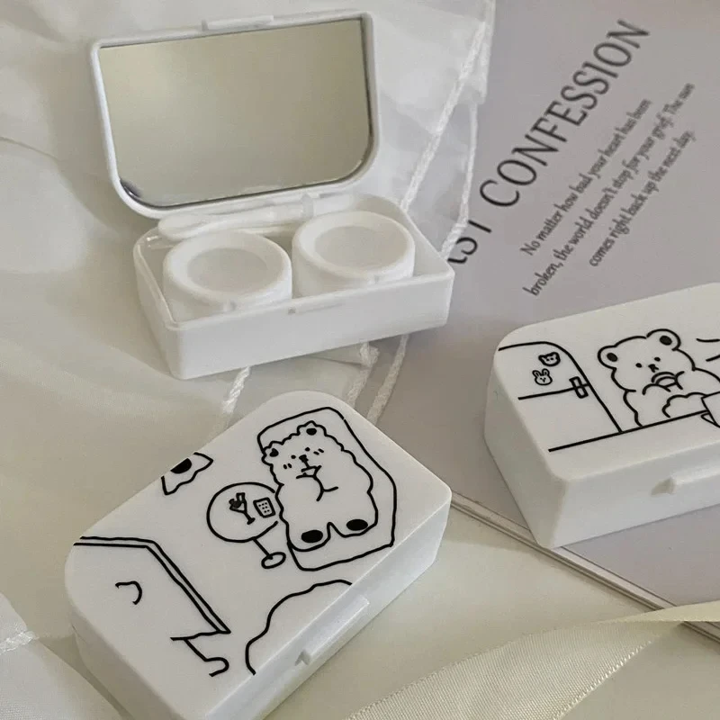 Étui à lentilles de contact de dessin animé avec miroir, mini boîte à lentilles de contact, joli soin des yeux, kits de voyage, accessoires pour lunettes, évaluation