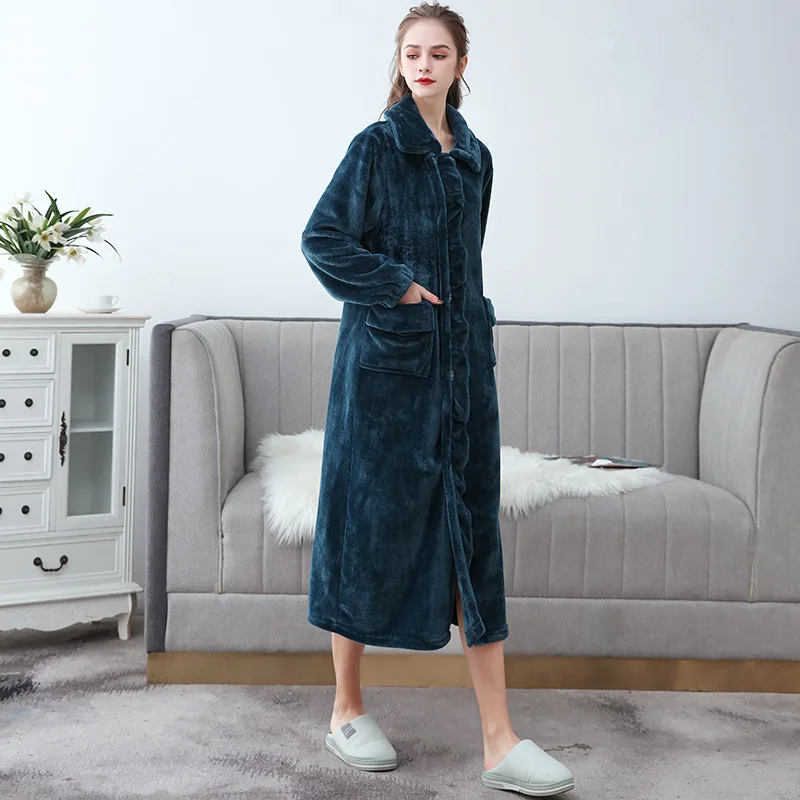 

Autumn/winter Flannel Thickened Fleeced Bathrobes Extra Long Thermal For Women Coral Velvet Thick Sleepwear Women Sauna