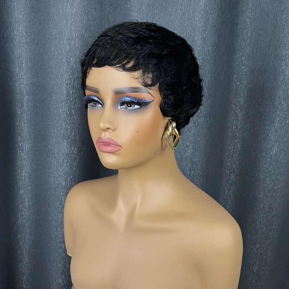 شعر مستعار بقص عابث من شعر بشري، باروكات بيكسي للنساء ذوات البشرة السمراء، باروكات قصيرة مصنوعة آليًا بالكامل، شعر مستعار أسود طبيعي