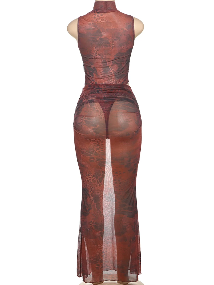 Weird Puss See Through Women 2 Piece Set 섹시한 Y2K 레오파드 프린트 민소매 바디 슈트 + 셔링 스커트 Midnight Vacation Clubwear