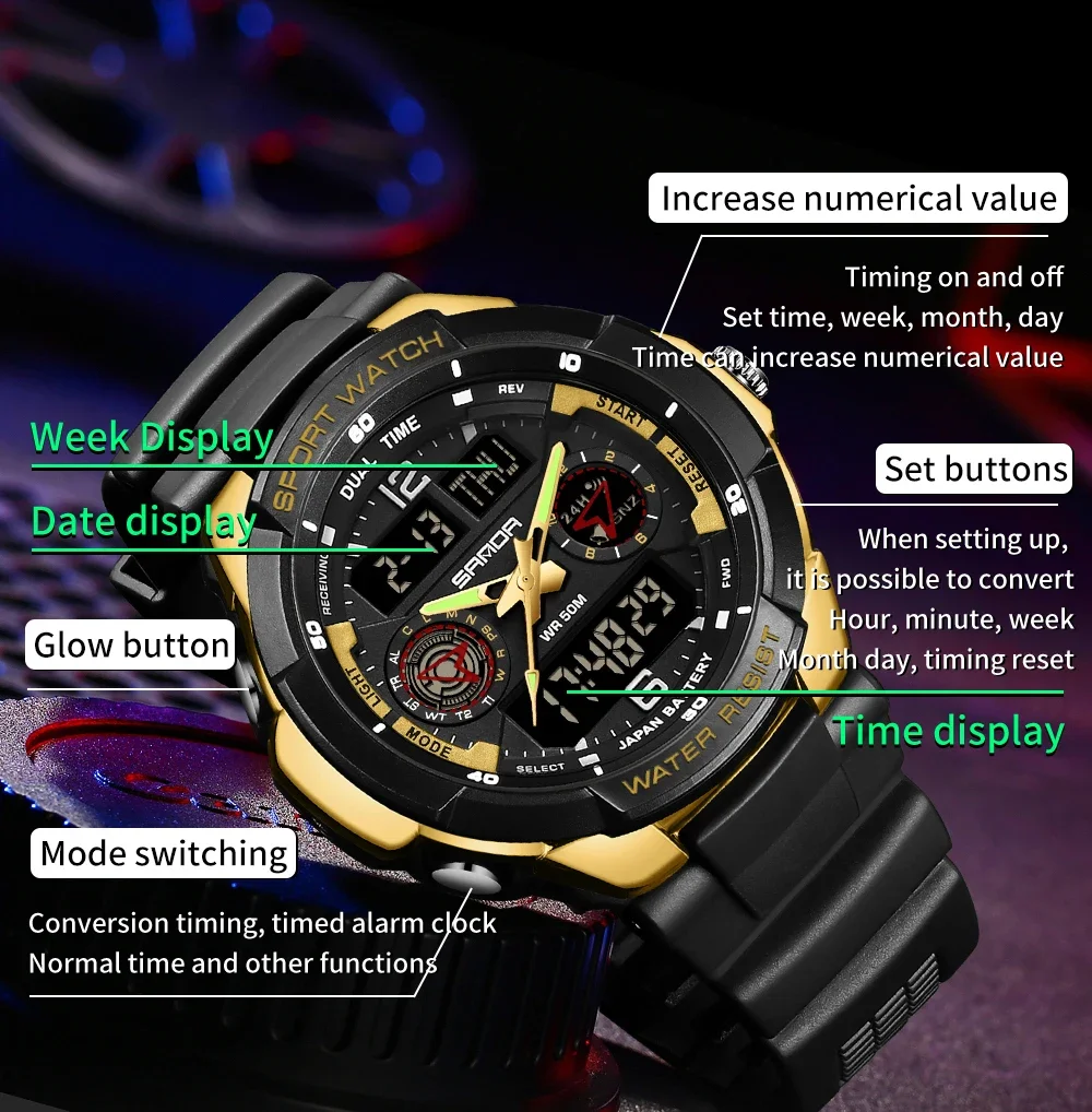 Fashion Sanda Top Brand 6197 Korean Student Electronic Watch Sports Multi Functional Alarm Clock Waterproof Men\'s Watches 2024