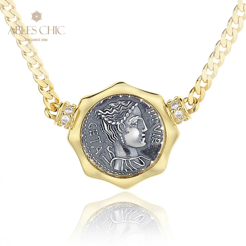 

Diana Greek Hexagon Silver Coins Charm CZ Accent 18K Gold Tone Solid 925 Silver Roman Coin Pendant Necklace N1017