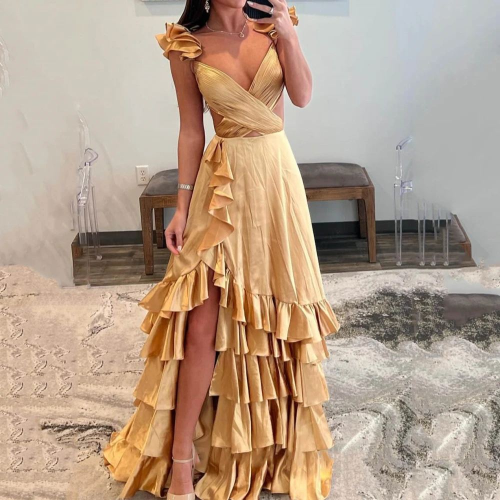 

Simple Prom Dress For Women Modern V-Neck Sleeveless Formal Evening Gowns A Line Tank Split Party Dresses فساتين السهرة