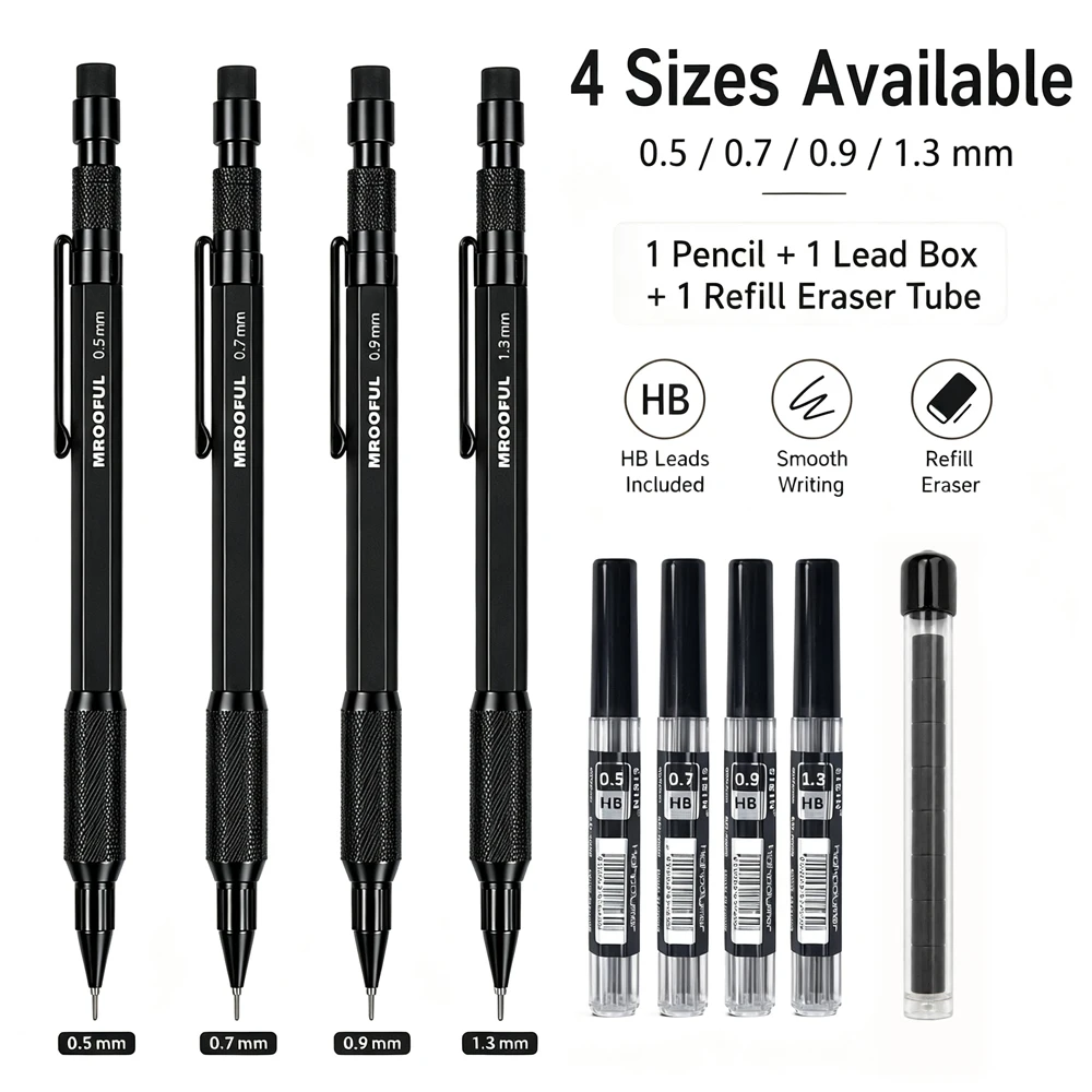 Black Metal Mechanical Pencil Set with Lead Refill, 0.5 0.7 0.9 1.3mm Automatic Pencil for School Writing Stationery