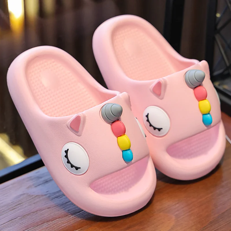 Summer Kids Home Shoes Flip Flops Baby Girls Slippers for Children Cartoon Unicorn Bathroom Antislip Thick Sole Slides 2-8 Years