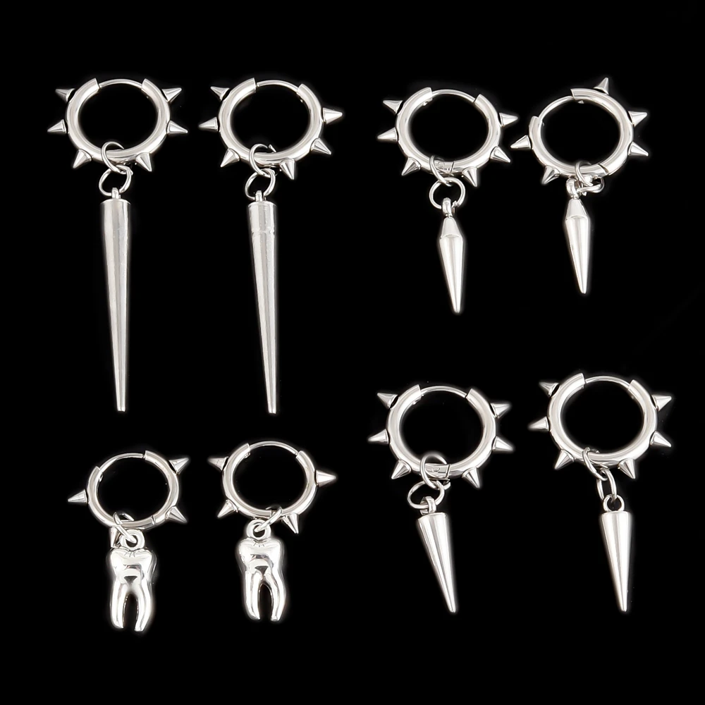 1Pair Stainless Steel Personality Rock Spike Rivet Thorns Dangle Aretes Women Hip Hop Harajuku Teeth Goth Hoop Earrings Jewelry