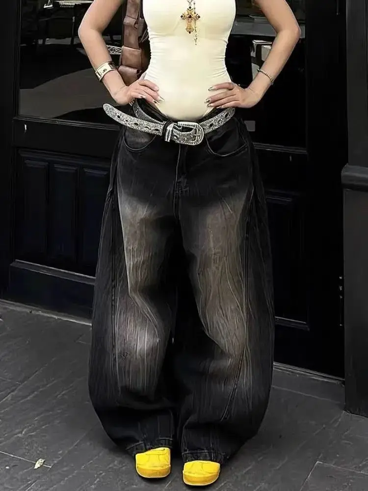 Women's Retro Black Y2k Wide Legs Jeans Girl punk Streets Denim Pants High Waisted Sweatpants Female 90s Vintage Trousers