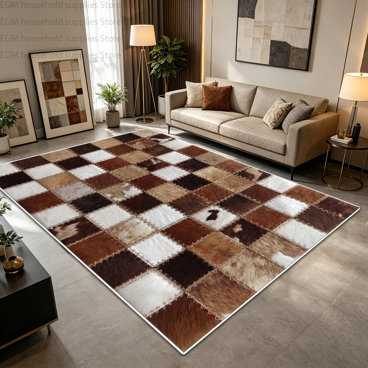 Brown White Animal Fur Patchwork Carpet Luxury Living Room Large Area Rugs Bedroom Bedside Non-slip Lounge Soft Fluffy Floor Mat