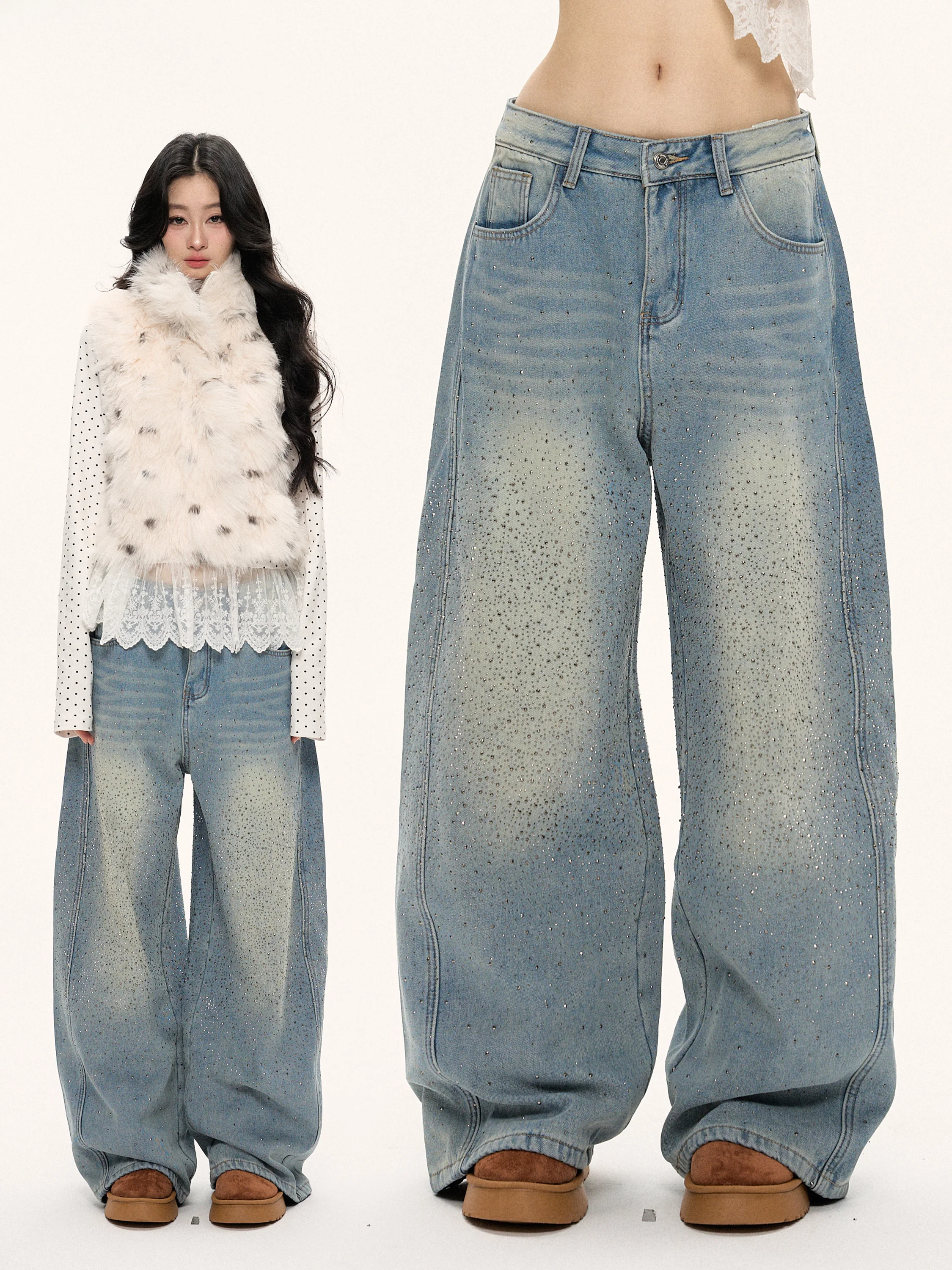 

Зимние джинсы Thiened Fce с широкими штанинами 24olvides Star River, украшенные сверкающими стразами, повседневные, из хлопка...