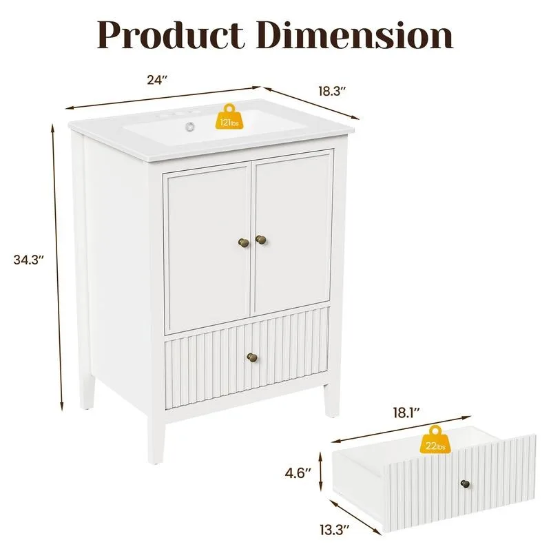 24'' Bathroom Vanity with Sink, Modern Bathroom Vanity Sink Cabinet with Doors and Fluted Drawers, Free Standing Bathroom Storage Cabinet with Sink Combo Set, White