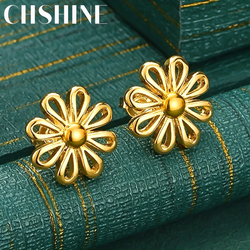 925 Sterling Silver 18K Gold Hollow Daisy Flower Stud Earrings for Women Fashion Wedding Party Jewelry