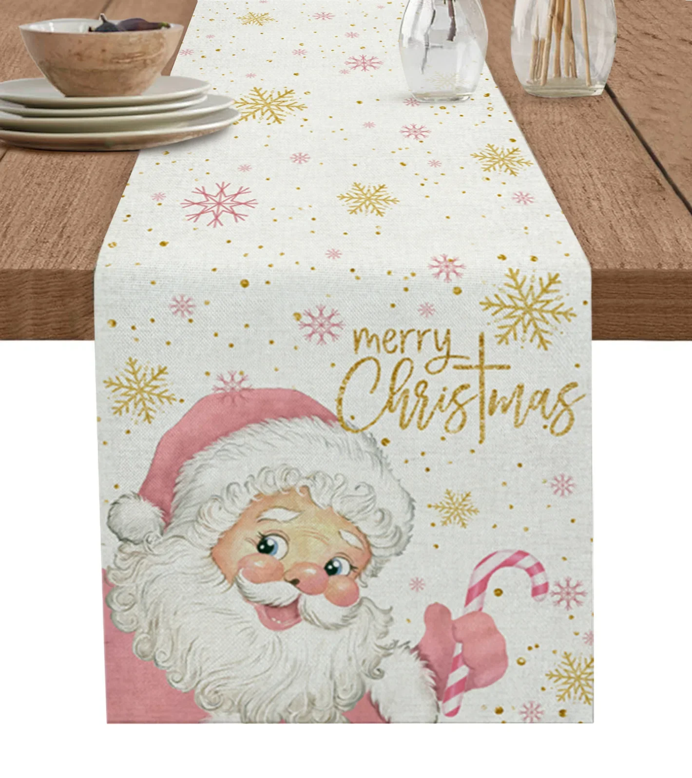 

Merry Christmas Pink Old Man Snowflake Candy Wedding Decor Table Runner Kitchen Coffee Table Dining Table Fabric Home Decoration