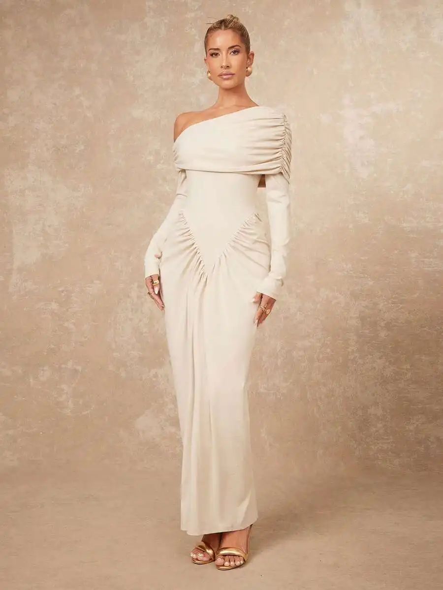 

Off Shoulder Ruched Long Sleeve Floor Length Evening Dress For Women