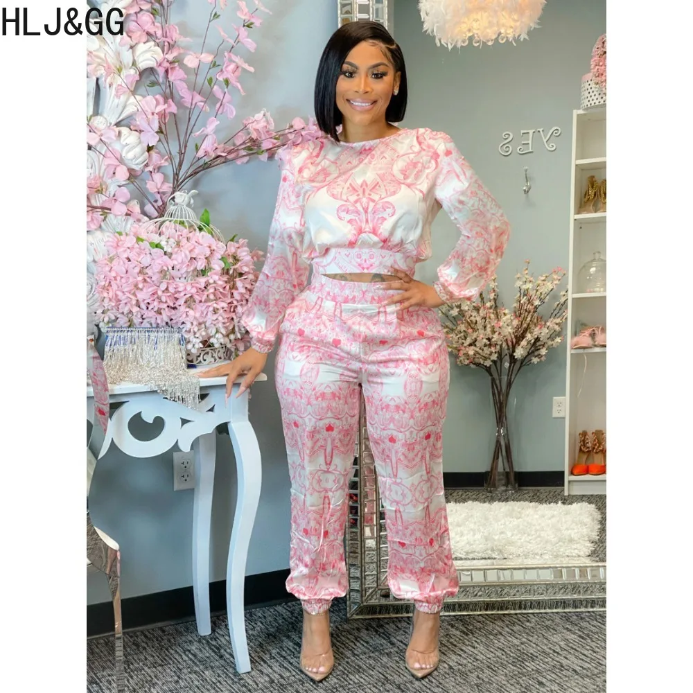 HLJ&GG Spring New Retro Pattern Print Bandage Two Piece Sets Women O Neck Long Sleeve Crop Top And Pants Outfits Female OL Suits