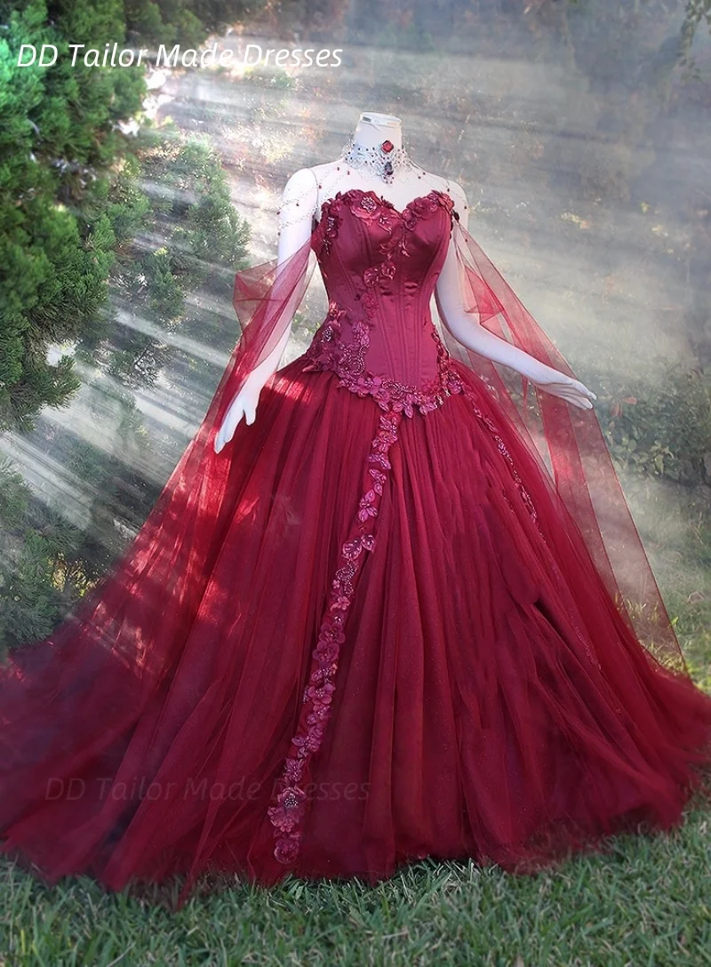 

Vintage Victorian Burgundy Wedding Dresses With Flowers Lace Appliques Corset Lace-Up Medieval Fantasy Bridal Gowns Customized