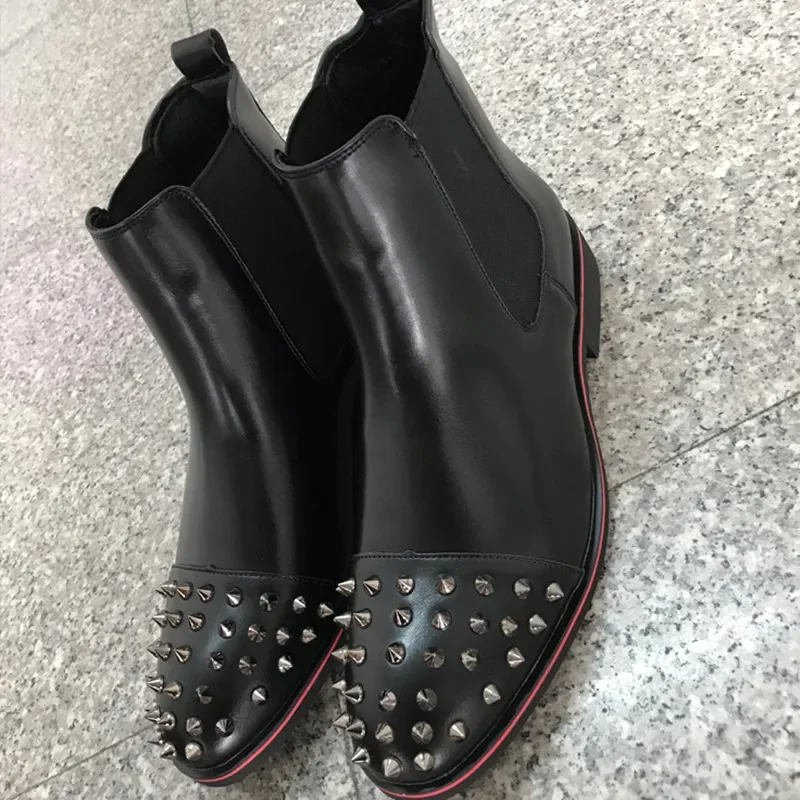 Chelsea Boots Black Rivet Punk Square Toe Slip-On Handmade Low-heeled Men Boots  Business Men Shoes