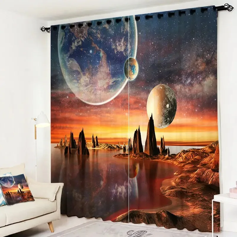 2pcs Space Universe Planet Semi-Blackout Curtains Outer Space Blue Starry Sky Night Star Print Curtains For Living Room Bedroom