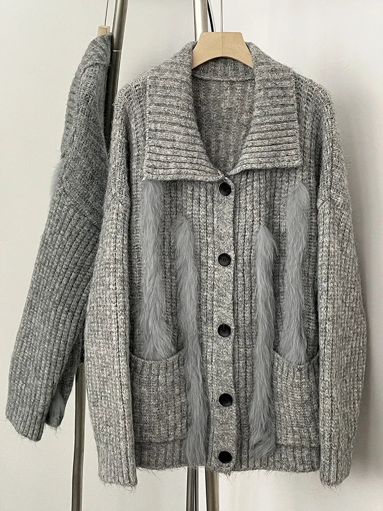 Nova moda primavera outono solto camisola feminina real pele de raposa cardigan roupas femininas botão oversized jaqueta de malha senhora