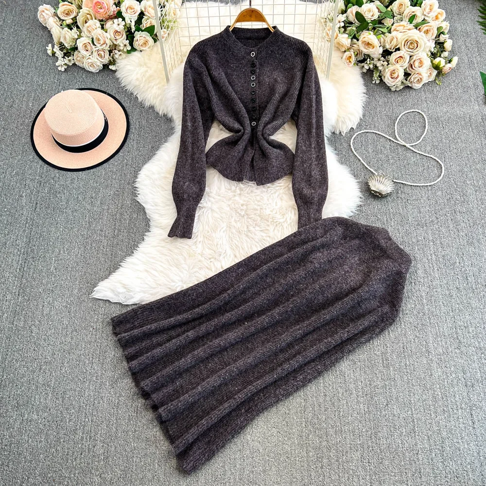 Chic Women Two-Piece Sets O-neck Long Sleeve Single Breasted Sweater and Slim High Waist Skirt Korean Fashion Winter Clothing