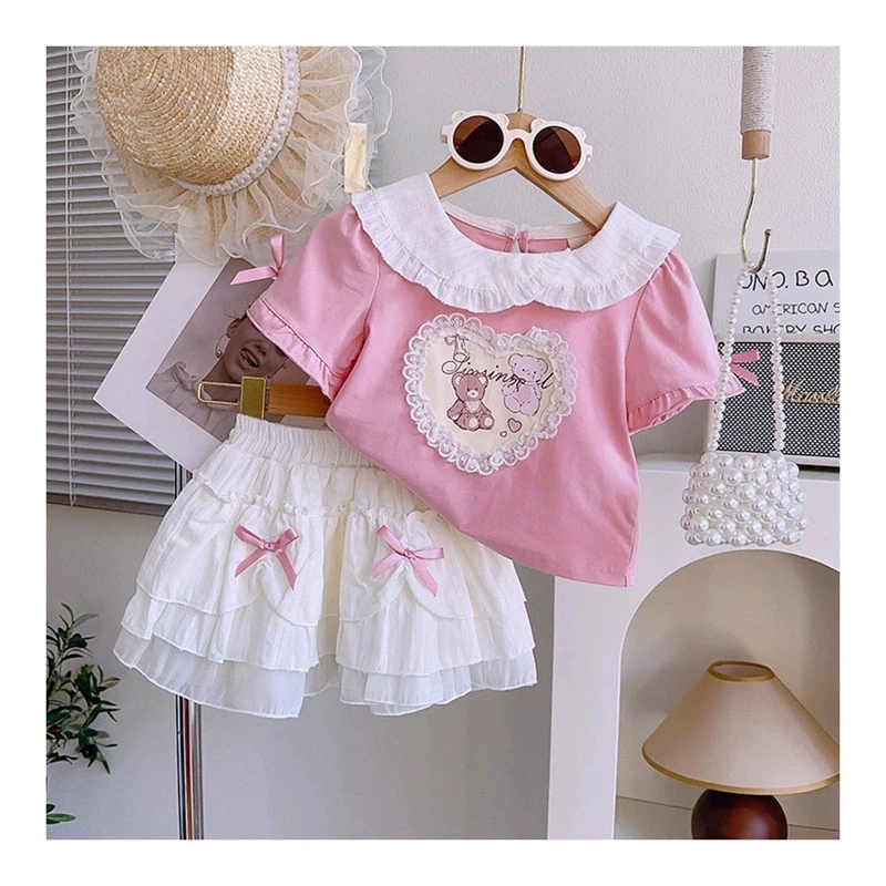 

T-shirts+cake Skirts,fashion Kids Children Birthday Princess 2pc Clothes 2025 Baby Girls Summer Clothing Set Cute Bear Lace Tops