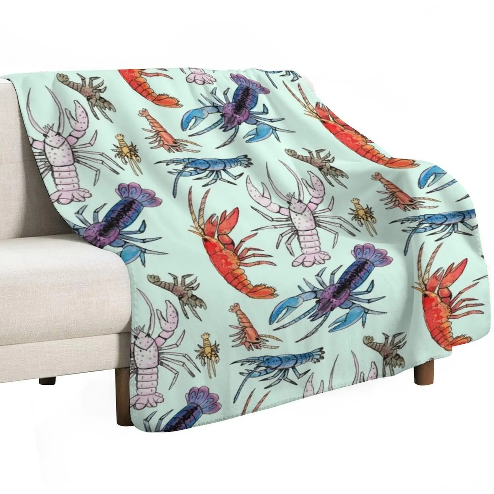 Colorful Aquatic Crayfish Species in Watercolor Throw Blanket Multi-Purpose Flannels Sofa Quilt Decorative Sofas Blankets