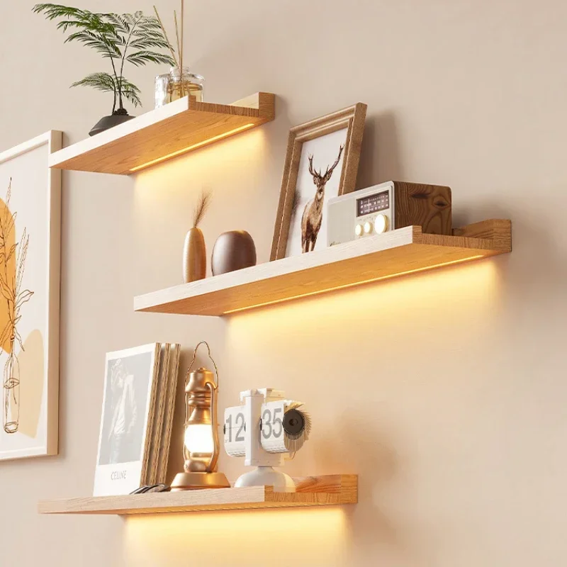 Solid Wood Illuminated Storage Rack Wall-Mounted Living Room Bookshelf Bedroom Doll Display Shelf Suspended Partition Organizer