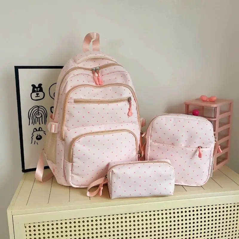 Nylon-Rucksack-Set mit Polka Dots, mehrere Fächer, Reißverschluss, Mädchen-Rucksack-Set, Aufbewahrung von Schreibwaren, Studentenrucksack, Mädchen-Geschenke – Detail 3