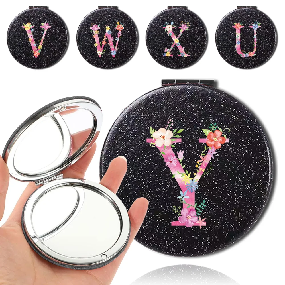 

Folding Flash 2-sided PU Mirror Portable Makeup Mirror Compact Magnifying Travel Beauty Pocket Cosmetic Tool Pink Letter Pattern