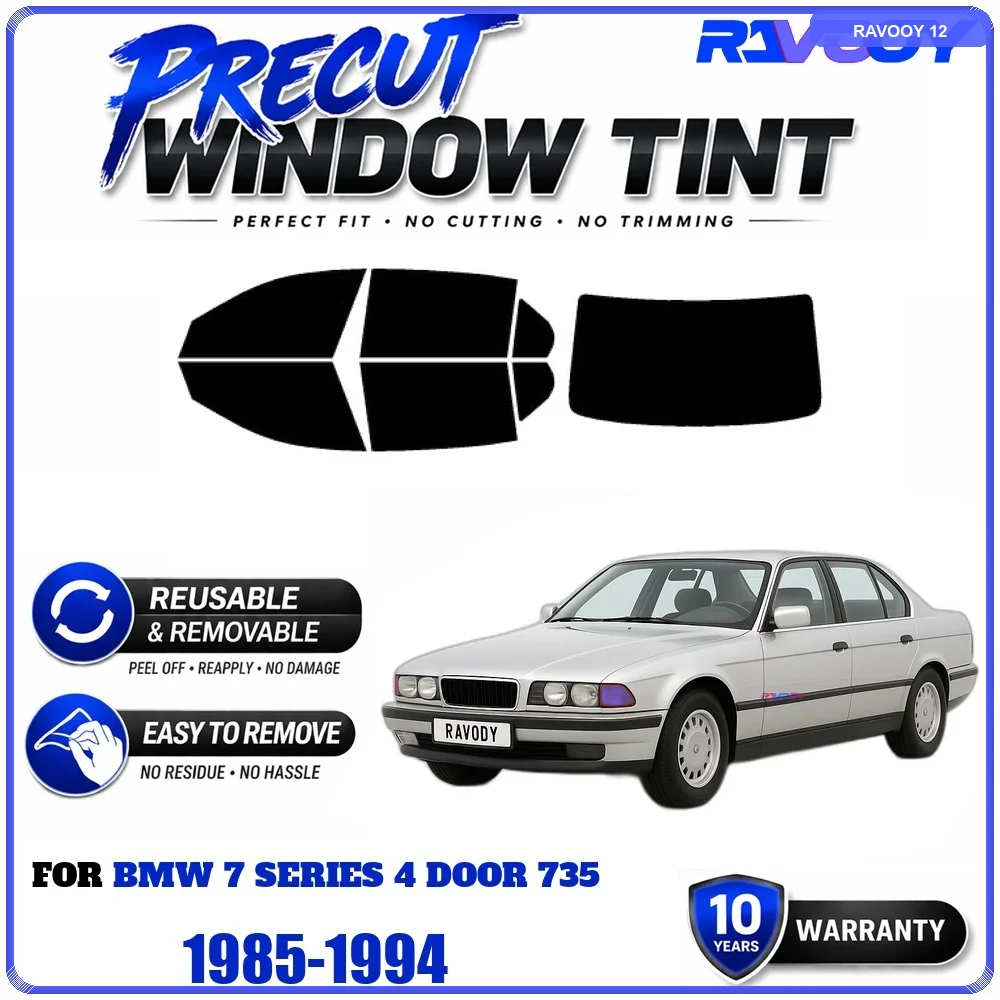 RAVOOY Precut Window Tint, Reusable Removable EPU Film, Custom Fit for Bmw 7 Series 4 Door 735 1985-1994, UV Heat Protection