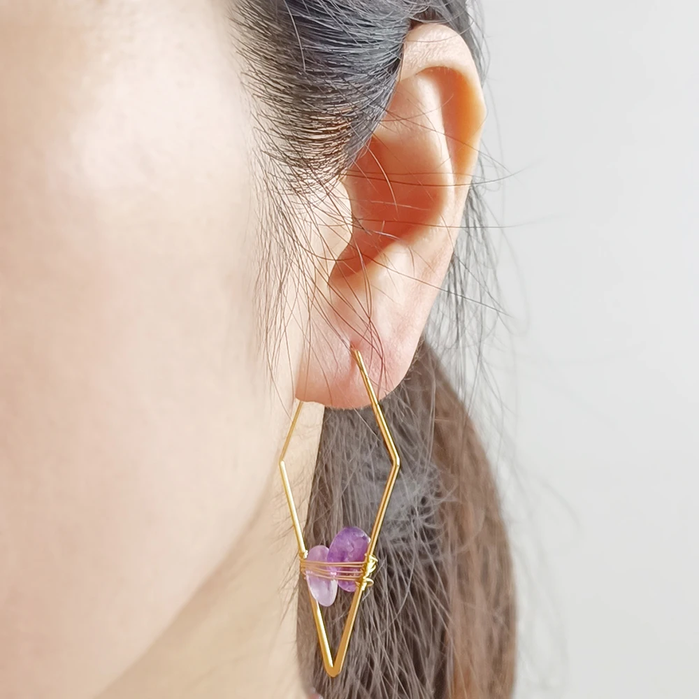 2024 New Big Geometric Hoop Earring Fashion Natural Chip Gravel Stone Pendent Earring Gold Color Eardrop Jewelry Gift For Women