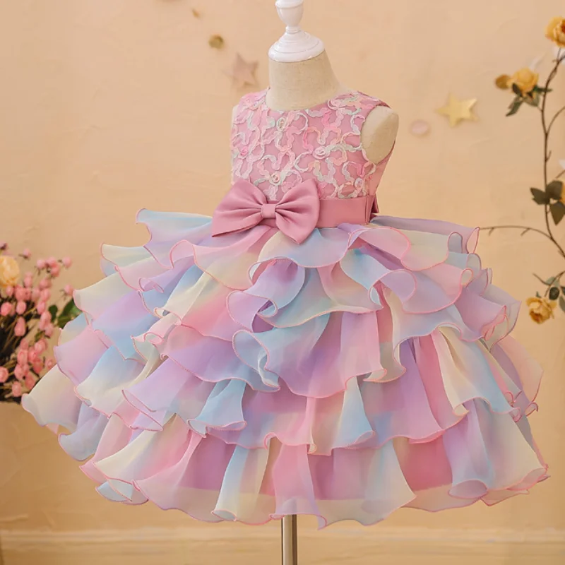 Summer New Wedding Flower Girl Birthday Party Rainbow Bow Fluffy Skirt Christmas School Stage Drama Mesh Performance Dress