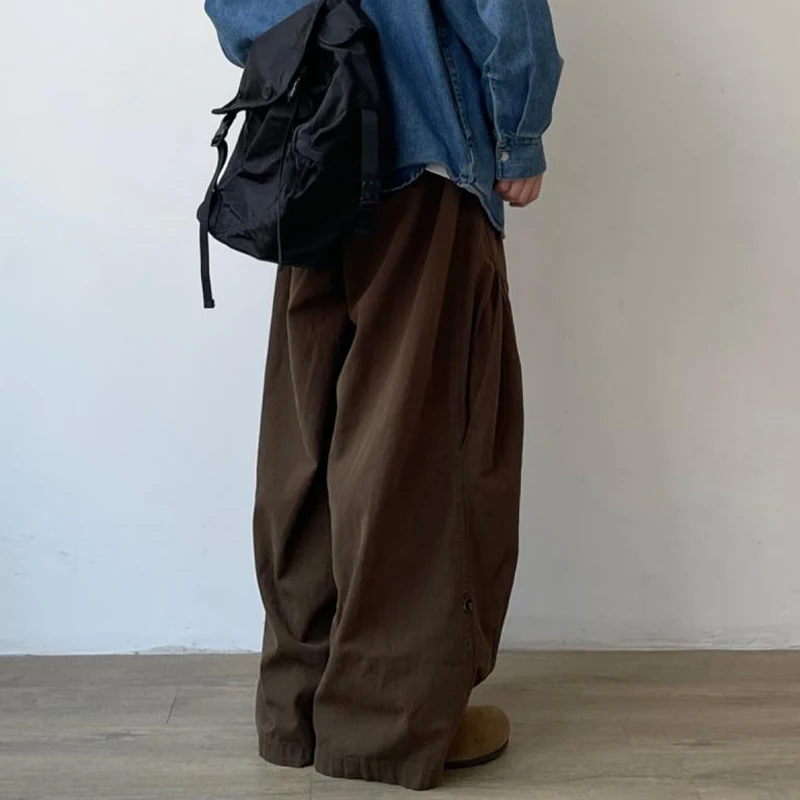 남성용 신축성 허리 와이드 레그 바지, 빈티지 단색 포켓, 단추 패치워크, 편안한 바지, 용수철 가을 신상 패션