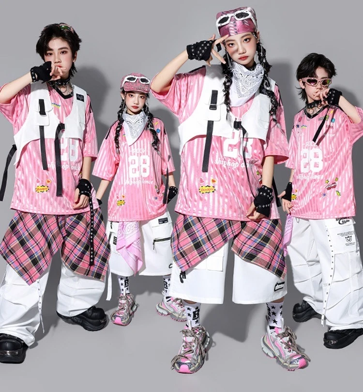 Kids Hip Hop K‑pop Dance Boys Pink T‑shirt Vest Cargo Pants Girls Jazz Street Dance Shorts Costume Children 2Pcs Clothes Set