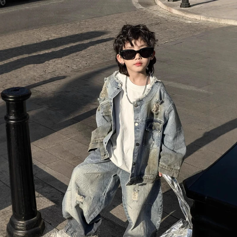 

2025 New Autumn Boys' Fashionable Vintage Distressed Grey Blue Denim Jacket