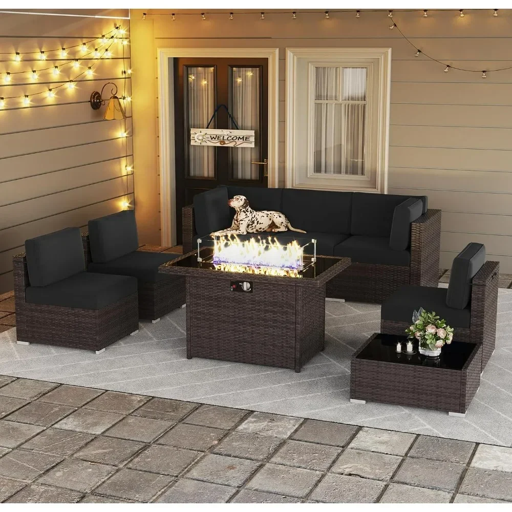 8 Piece Patio Furniture Set with 44" Fire Pit Table, Outdoor Sectional Conversation Set Wicker Rattan Sofa Set with Coffee Table