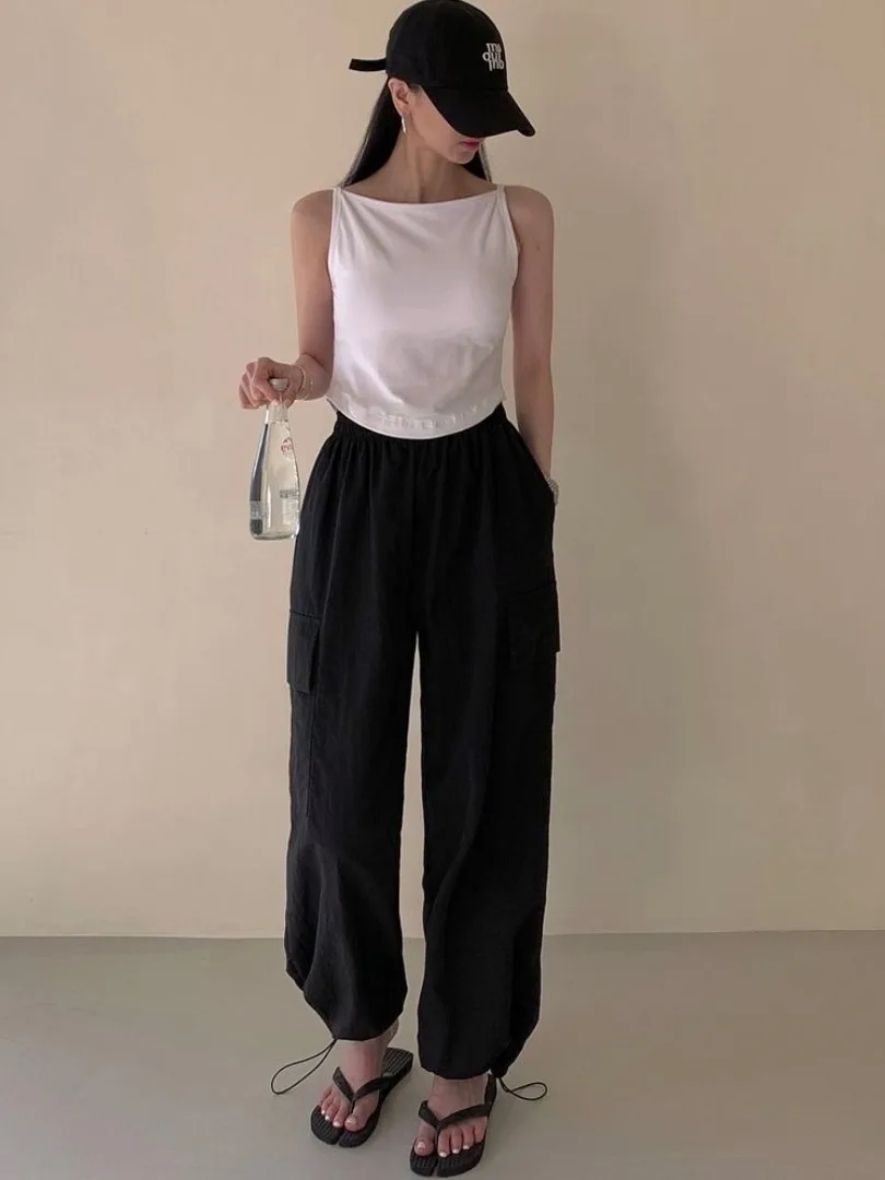 スリムフィットワンショルダートップス レディース 夏新作 ハイウエスト スリム ワイドレッグ ワークウェアパンツ ロングパンツ セット エレガント シンプルスタイル