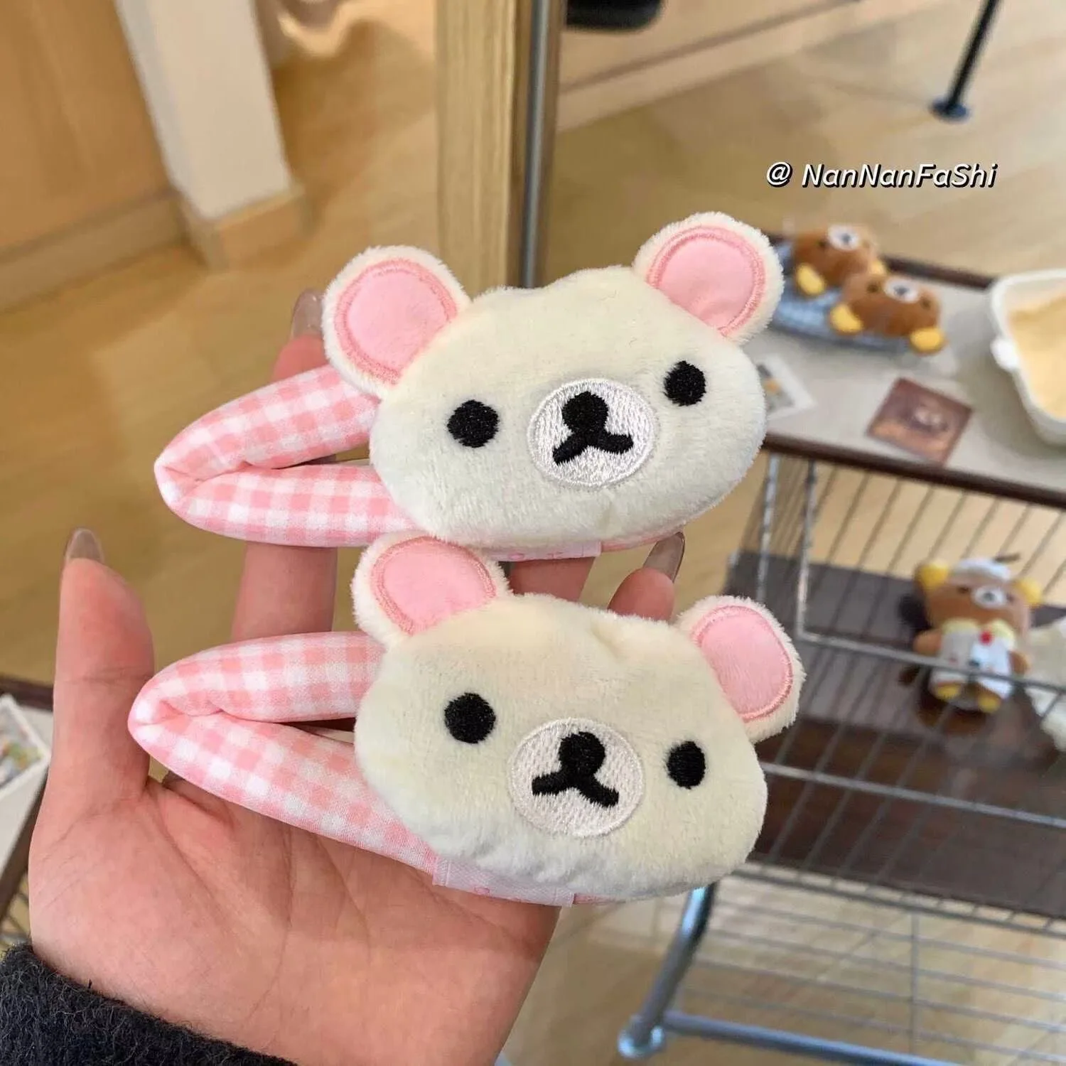 2Pcs/Set Kawaii Rilakkuma Plush Hair Clips Gingham Check Plaid White Bear BB Barrette Cartoon Hairpin Cosplay Accessories